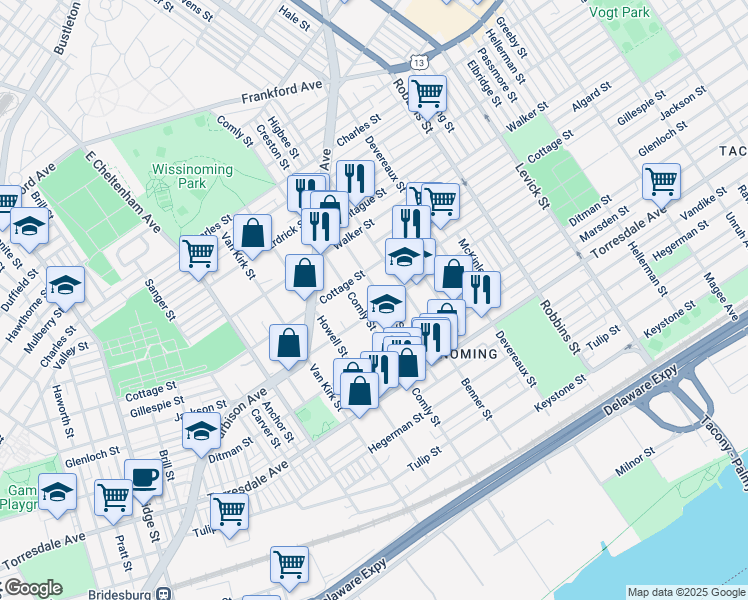 map of restaurants, bars, coffee shops, grocery stores, and more near 4424 Higbee Street in Philadelphia