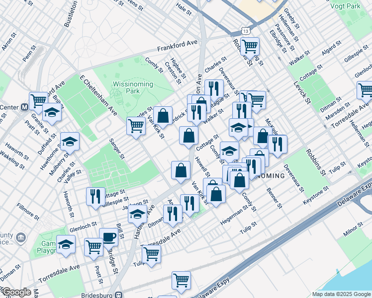 map of restaurants, bars, coffee shops, grocery stores, and more near 4323 Van Kirk Street in Philadelphia