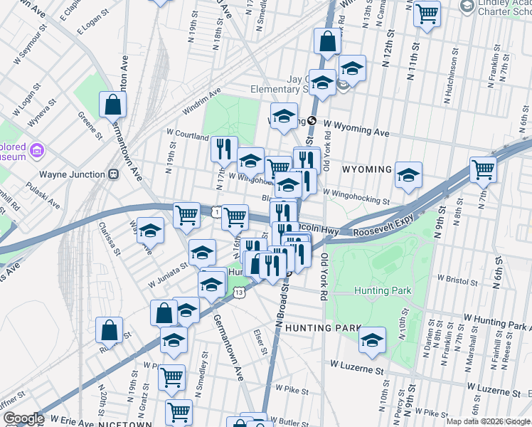 map of restaurants, bars, coffee shops, grocery stores, and more near 1435 West Cayuga Street in Philadelphia