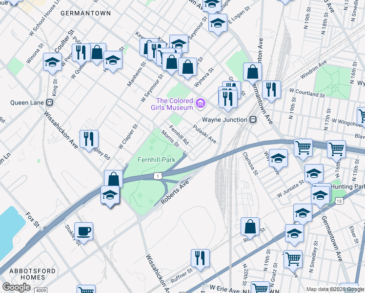 map of restaurants, bars, coffee shops, grocery stores, and more near 4500 Morris Street in Philadelphia