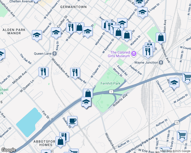 map of restaurants, bars, coffee shops, grocery stores, and more near 4927 Laurens Street in Philadelphia
