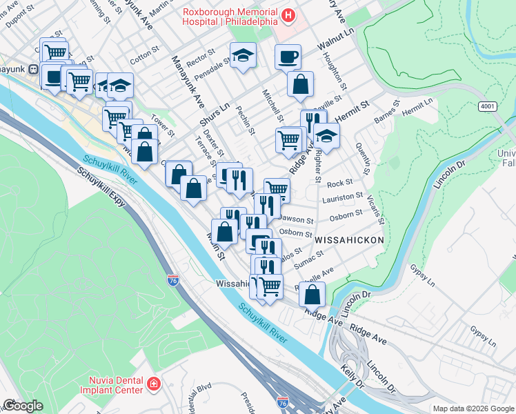 map of restaurants, bars, coffee shops, grocery stores, and more near 3816 Manor Street in Philadelphia