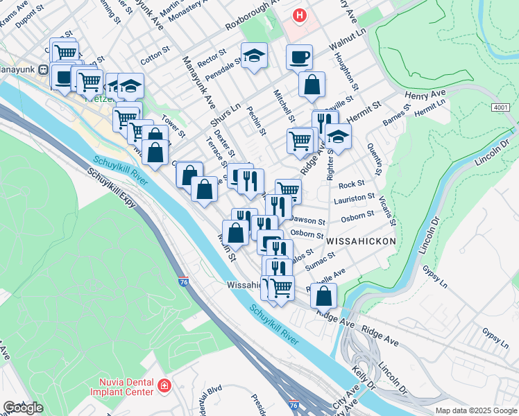 map of restaurants, bars, coffee shops, grocery stores, and more near 3816 Manor Street in Philadelphia