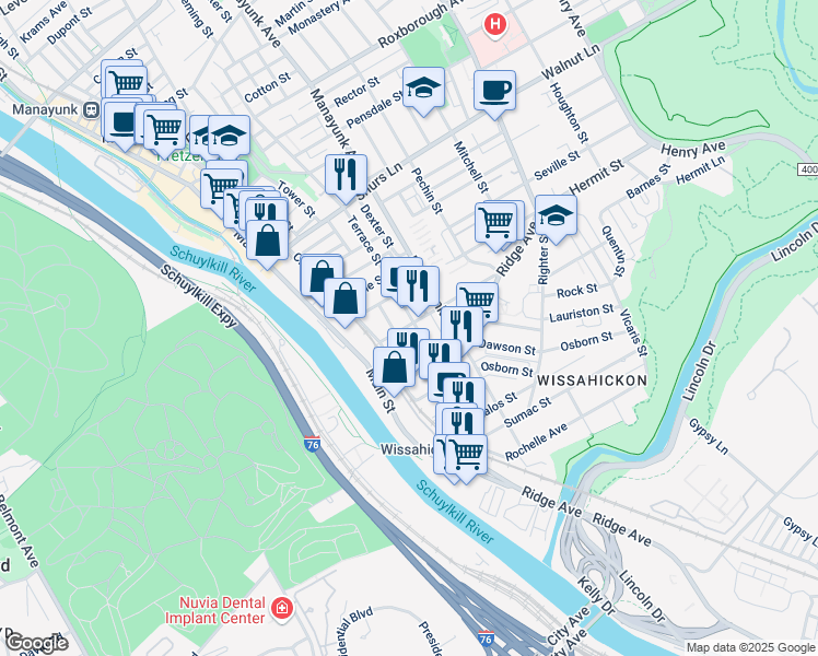 map of restaurants, bars, coffee shops, grocery stores, and more near 114 Salaignac Street in Philadelphia