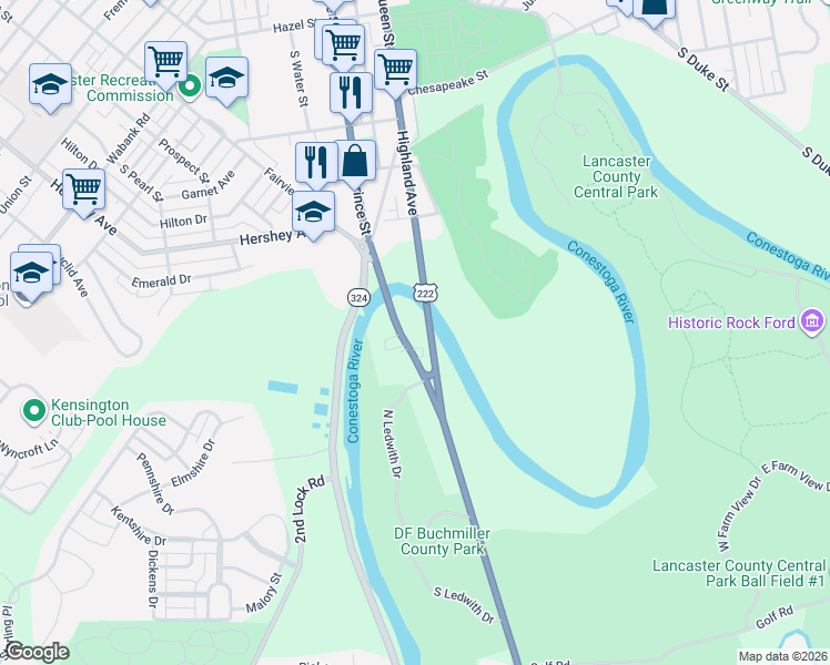 map of restaurants, bars, coffee shops, grocery stores, and more near 1014 Willow Street Pike in Lancaster