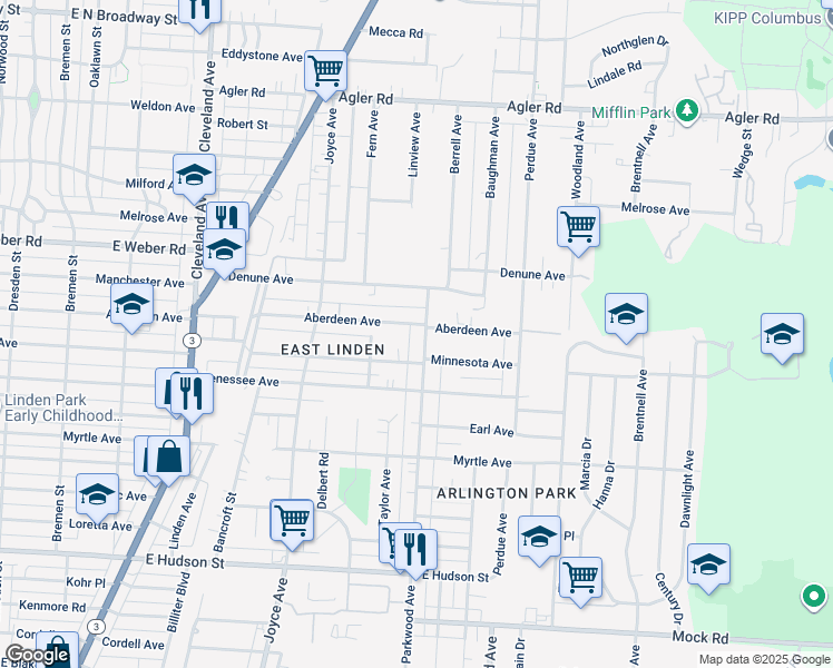 map of restaurants, bars, coffee shops, grocery stores, and more near 2533 Parkwood Avenue in Columbus
