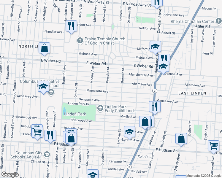 map of restaurants, bars, coffee shops, grocery stores, and more near 1500 Minnesota Avenue in Columbus