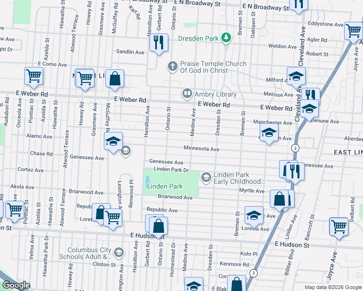 map of restaurants, bars, coffee shops, grocery stores, and more near 1333 Minnesota Avenue in Columbus