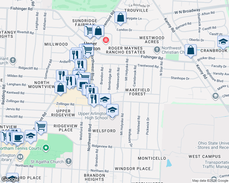 map of restaurants, bars, coffee shops, grocery stores, and more near 1537 Kirkley Road in Columbus