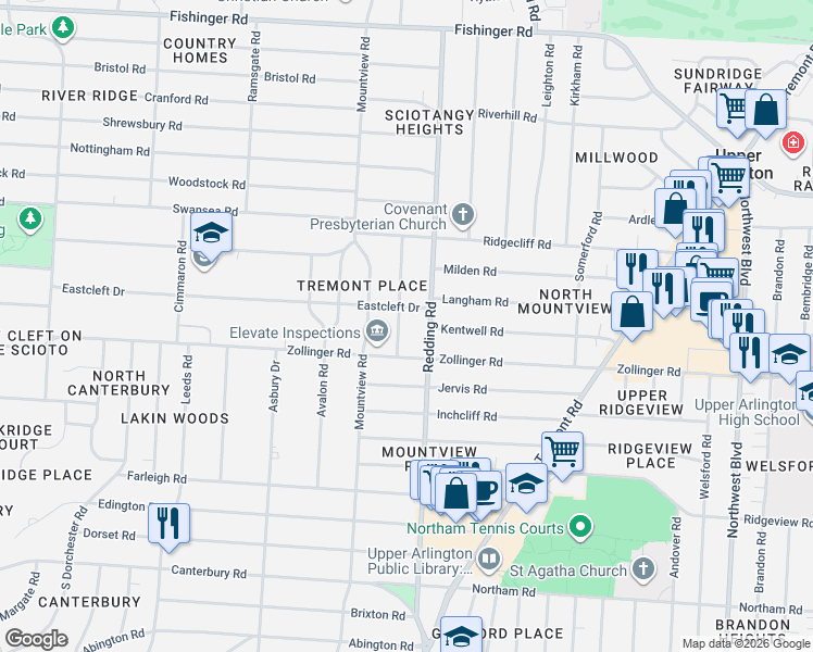 map of restaurants, bars, coffee shops, grocery stores, and more near 3151 Redding Road in Columbus