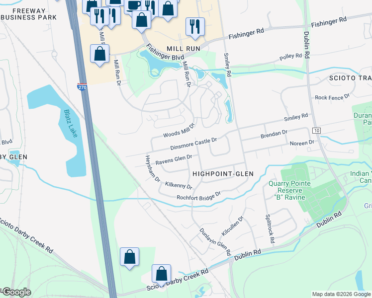 map of restaurants, bars, coffee shops, grocery stores, and more near 3646 Ravens Glen Drive in Columbus