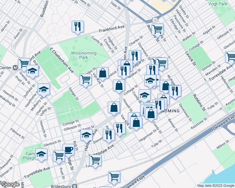 map of restaurants, bars, coffee shops, grocery stores, and more near 4323 Van Kirk Street in Philadelphia