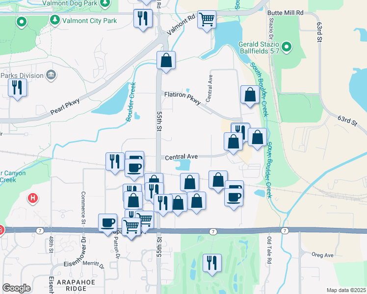 map of restaurants, bars, coffee shops, grocery stores, and more near 5541 Central Avenue in Boulder