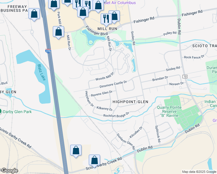 map of restaurants, bars, coffee shops, grocery stores, and more near 3646 Ravens Glen Drive in Columbus