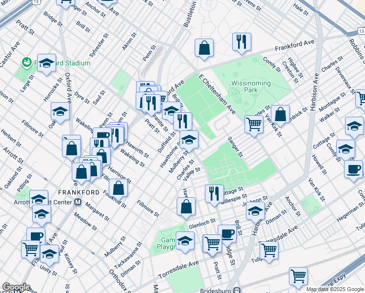map of restaurants, bars, coffee shops, grocery stores, and more near 5230 Marlowe Street in Philadelphia