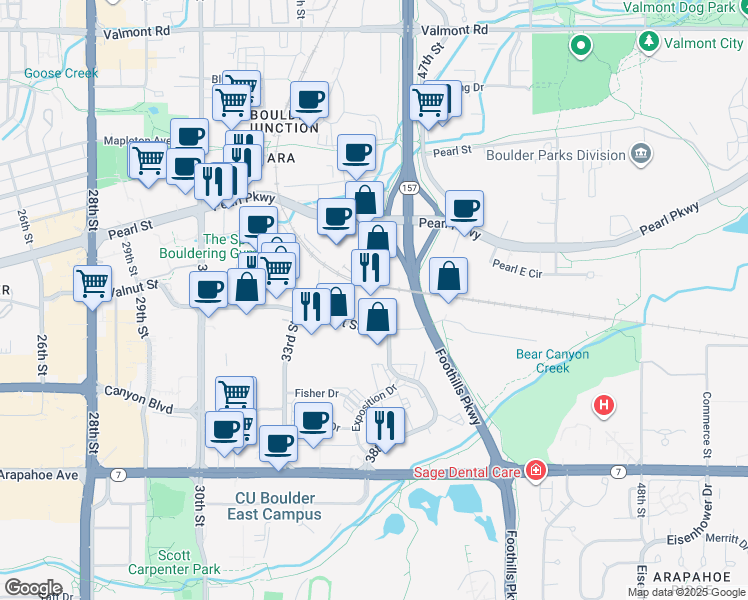map of restaurants, bars, coffee shops, grocery stores, and more near 3675-3825 Walnut St in Boulder