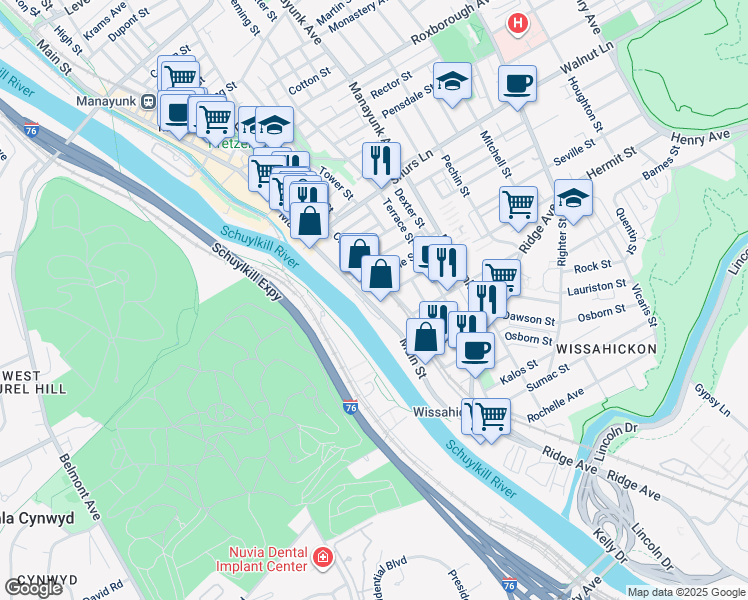 map of restaurants, bars, coffee shops, grocery stores, and more near 3900 Main Street in Philadelphia