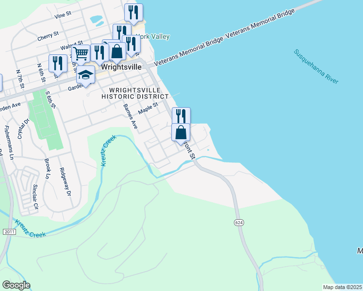 map of restaurants, bars, coffee shops, grocery stores, and more near 622 South Front Street in Wrightsville