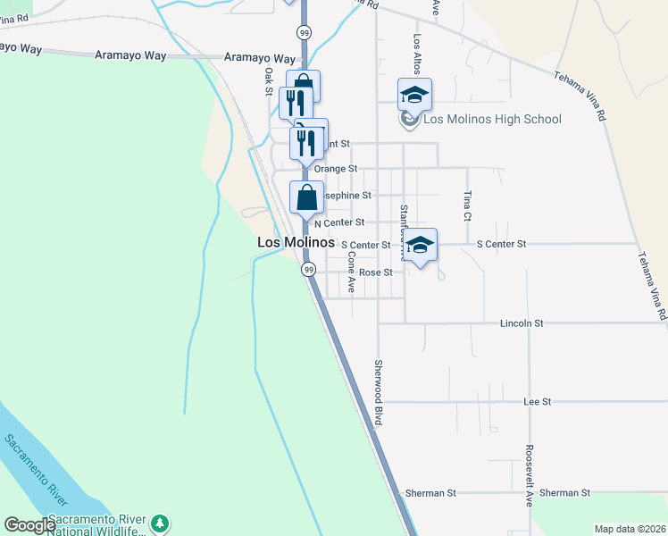 map of restaurants, bars, coffee shops, grocery stores, and more near 25162 Rose Street in Los Molinos