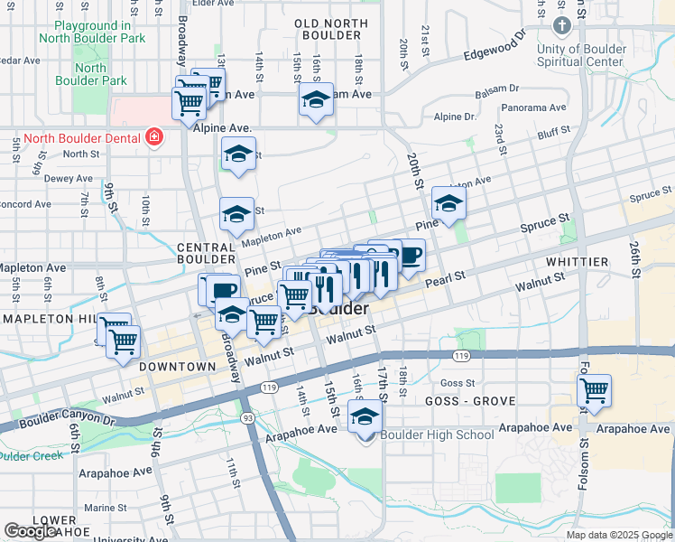 map of restaurants, bars, coffee shops, grocery stores, and more near 1611 Spruce Street in Boulder