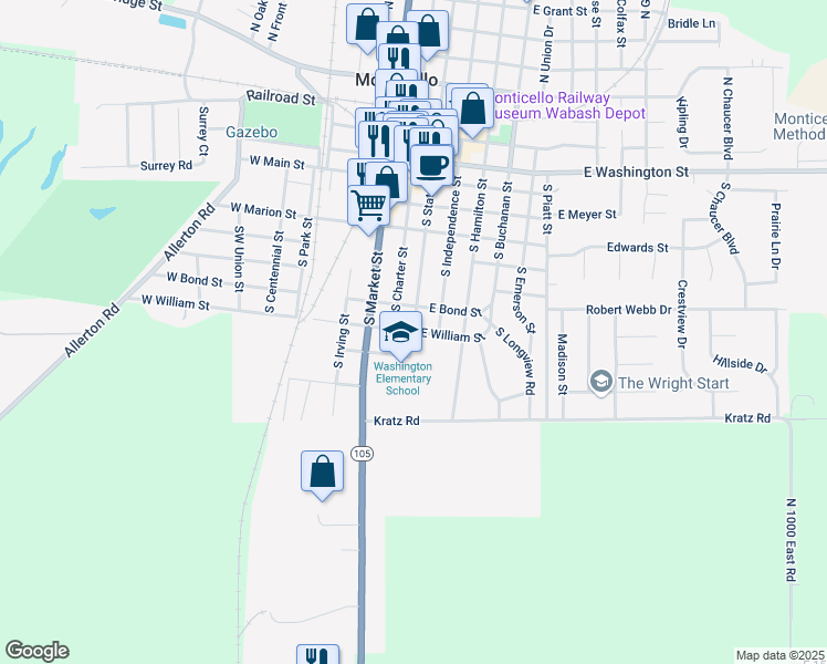 map of restaurants, bars, coffee shops, grocery stores, and more near 101 West William Street in Monticello