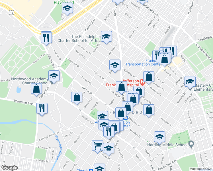 map of restaurants, bars, coffee shops, grocery stores, and more near 1313 Foulkrod Street in Philadelphia
