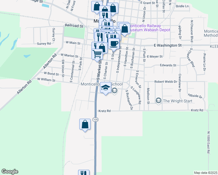 map of restaurants, bars, coffee shops, grocery stores, and more near 101 West William Street in Monticello