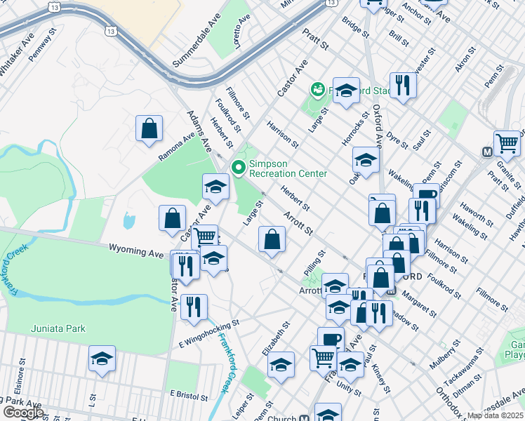 map of restaurants, bars, coffee shops, grocery stores, and more near 1109 Overington Street in Philadelphia