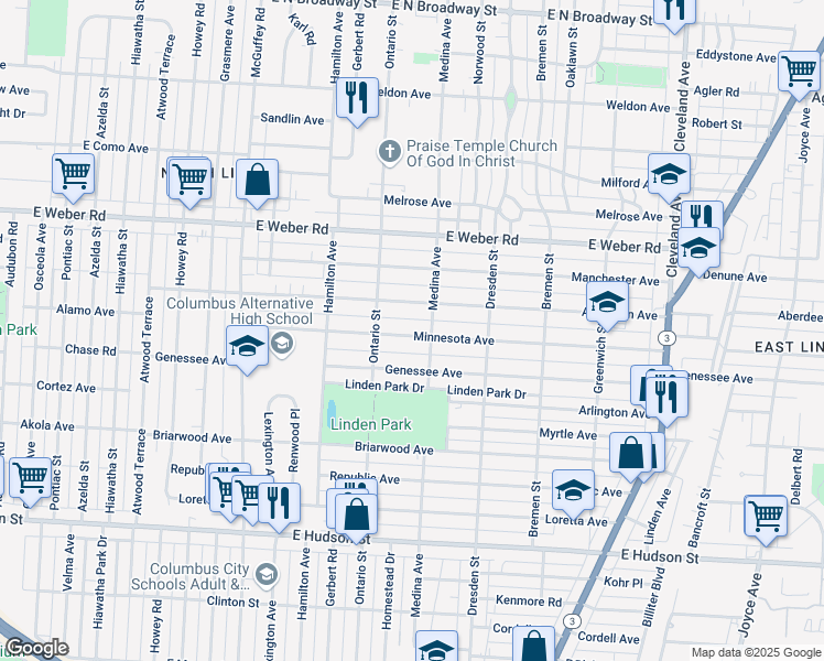 map of restaurants, bars, coffee shops, grocery stores, and more near 1358 Minnesota Avenue in Columbus