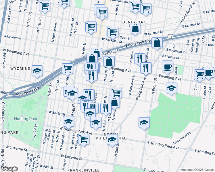map of restaurants, bars, coffee shops, grocery stores, and more near 312 West Raymond Street in Philadelphia