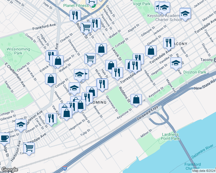 map of restaurants, bars, coffee shops, grocery stores, and more near 6219 Marsden Street in Philadelphia