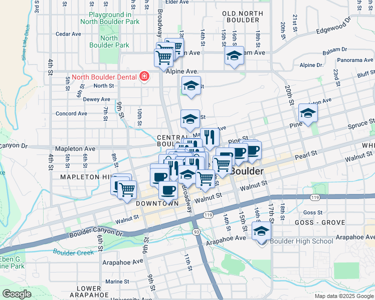 map of restaurants, bars, coffee shops, grocery stores, and more near 1237 Pine Street in Boulder