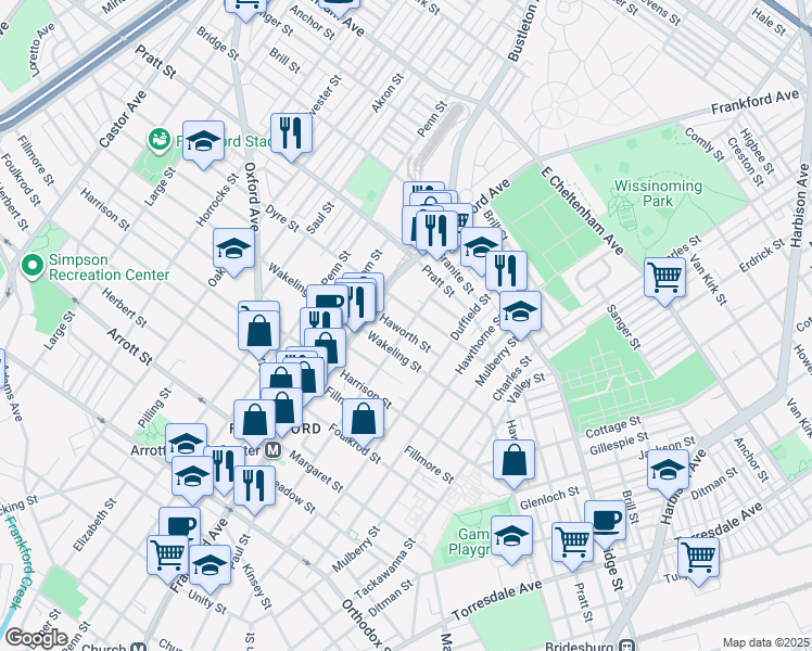map of restaurants, bars, coffee shops, grocery stores, and more near 1653 Haworth Street in Philadelphia