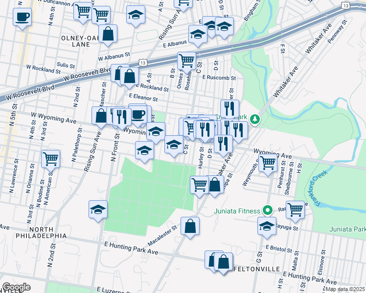 map of restaurants, bars, coffee shops, grocery stores, and more near 4648 C Street in Philadelphia