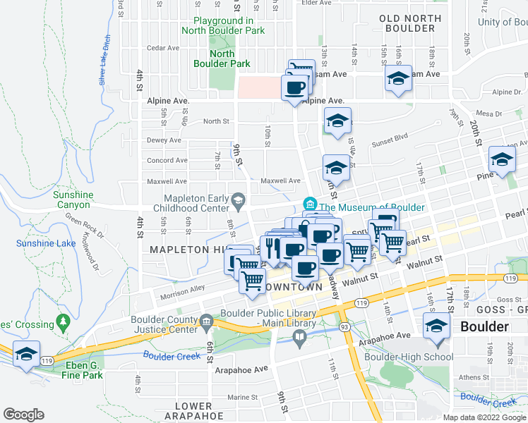 map of restaurants, bars, coffee shops, grocery stores, and more near 936 Mapleton Avenue in Boulder