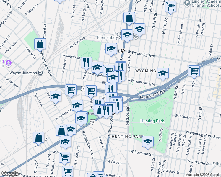 map of restaurants, bars, coffee shops, grocery stores, and more near 1435 West Cayuga Street in Philadelphia