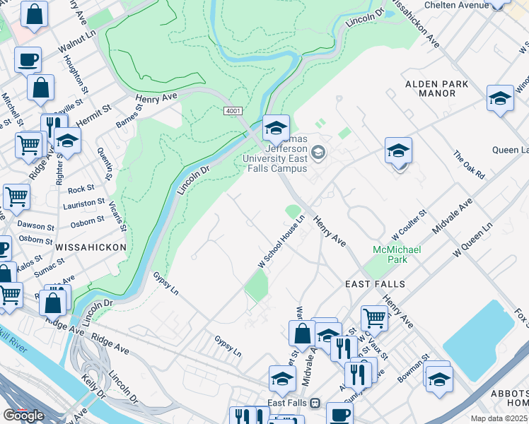map of restaurants, bars, coffee shops, grocery stores, and more near 4109 Timber Lane in Philadelphia