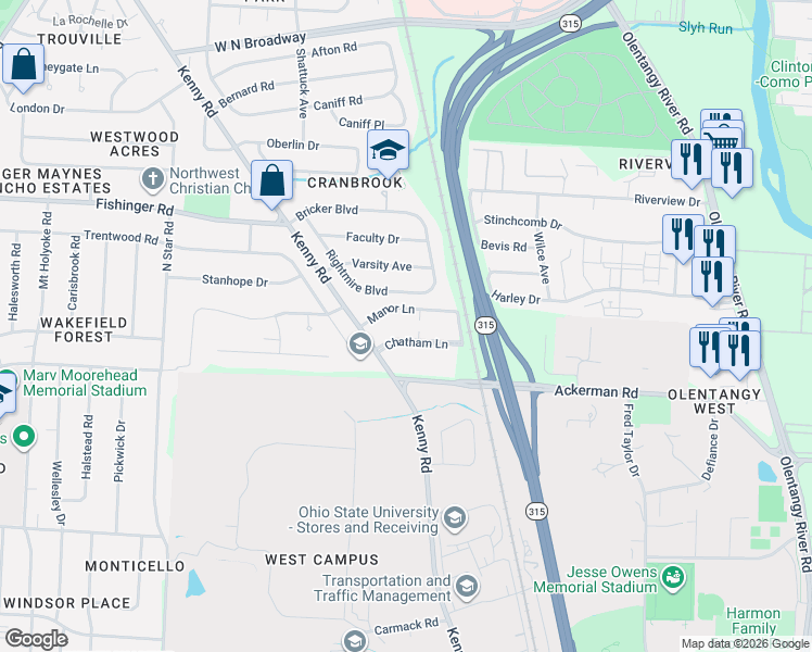map of restaurants, bars, coffee shops, grocery stores, and more near 966 Chatham Lane in Columbus