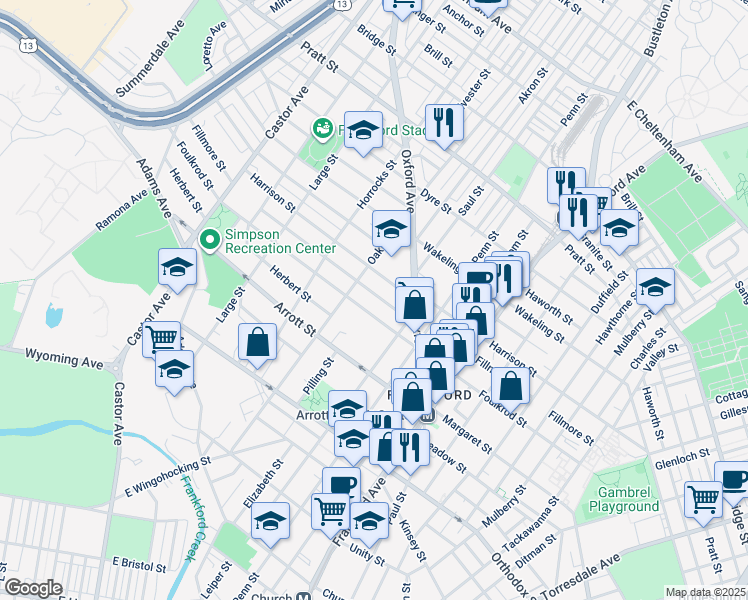 map of restaurants, bars, coffee shops, grocery stores, and more near 1334 Fillmore Street in Philadelphia