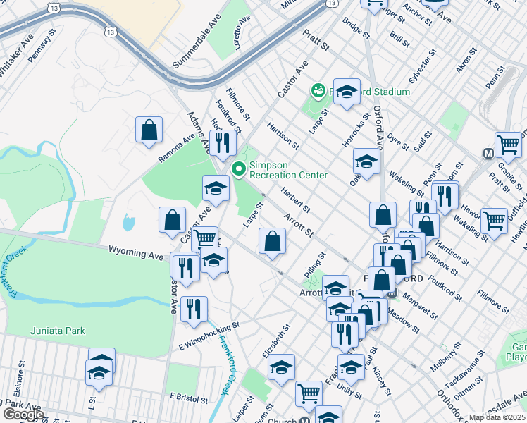 map of restaurants, bars, coffee shops, grocery stores, and more near 1109 Overington Street in Philadelphia