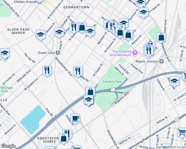 map of restaurants, bars, coffee shops, grocery stores, and more near 5003 Schuyler Street in Philadelphia