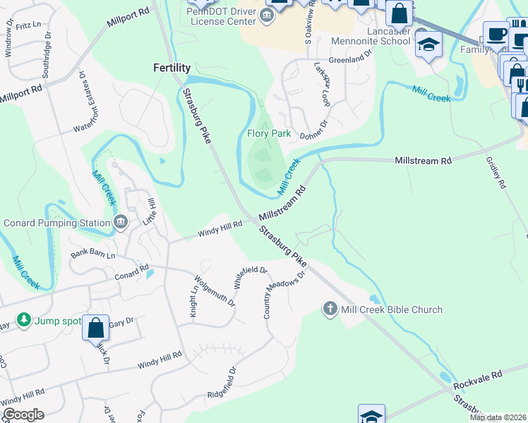 map of restaurants, bars, coffee shops, grocery stores, and more near 2009 Millstream Road in Lancaster