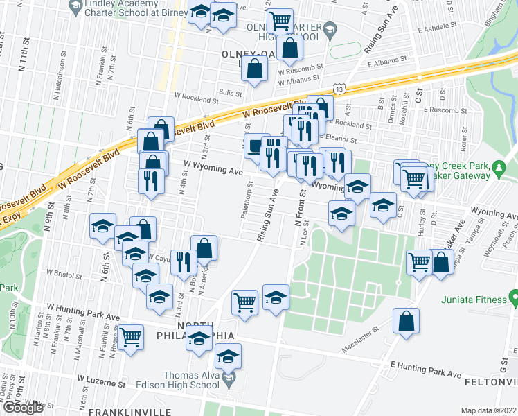 map of restaurants, bars, coffee shops, grocery stores, and more near 180 West Raymond Street in Philadelphia