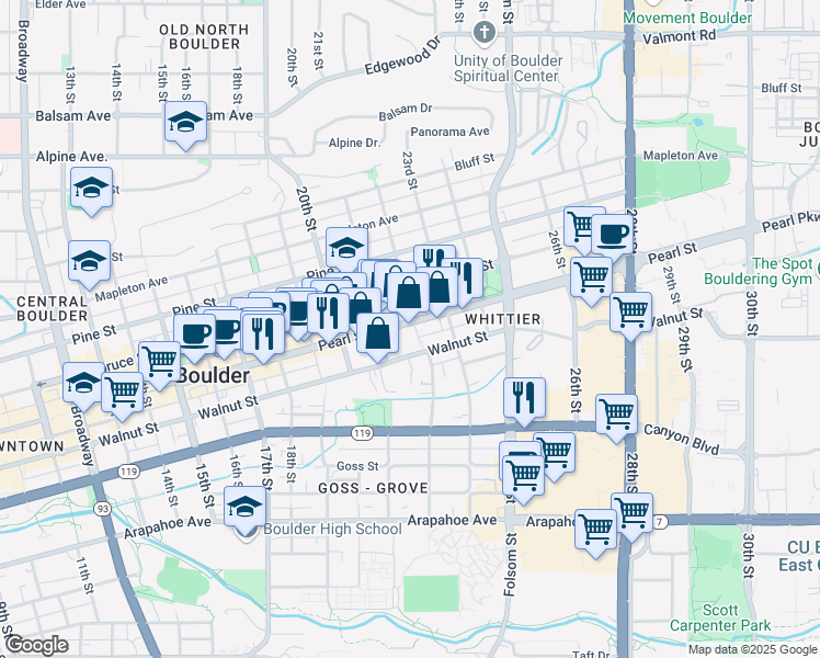 map of restaurants, bars, coffee shops, grocery stores, and more near in Boulder