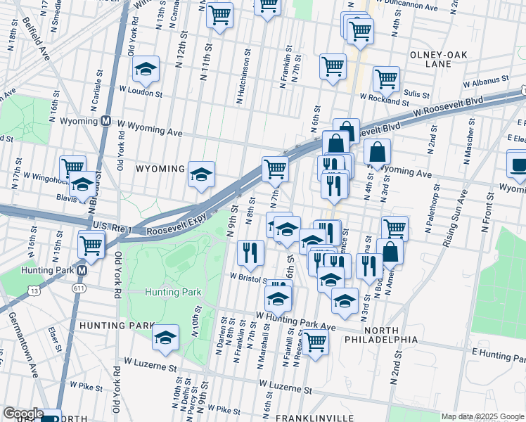 map of restaurants, bars, coffee shops, grocery stores, and more near 713 West Wingohocking Street in Philadelphia