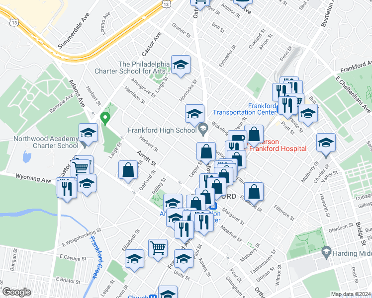 map of restaurants, bars, coffee shops, grocery stores, and more near 1332 Fillmore Street in Philadelphia
