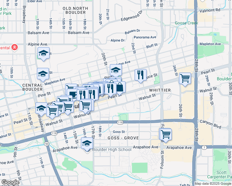 map of restaurants, bars, coffee shops, grocery stores, and more near in Boulder