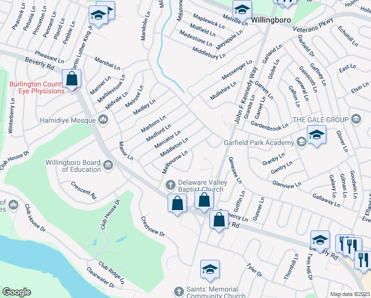 map of restaurants, bars, coffee shops, grocery stores, and more near 42 Mayfair Circle in Willingboro
