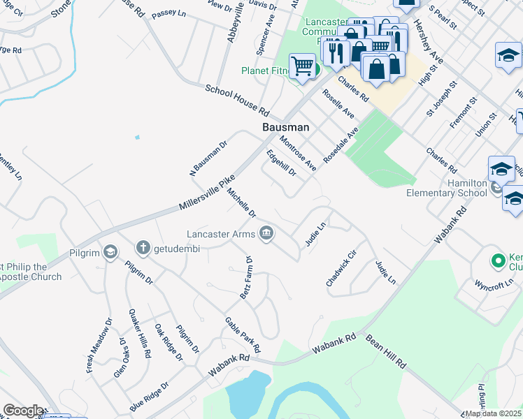 map of restaurants, bars, coffee shops, grocery stores, and more near 11 Michelle Drive in Lancaster