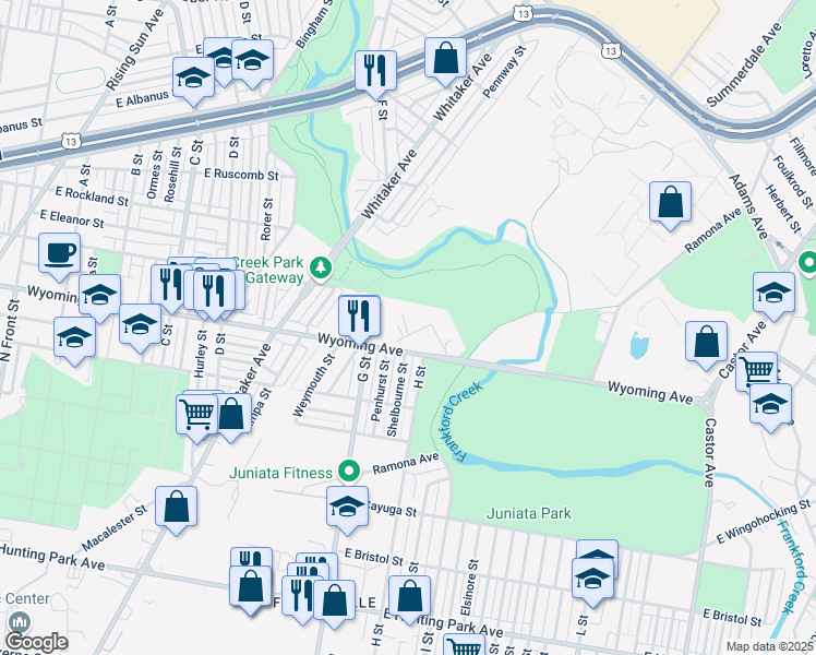 map of restaurants, bars, coffee shops, grocery stores, and more near 731 Maple Lane in Philadelphia